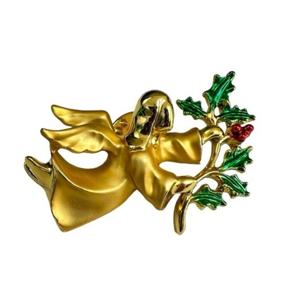 Giusti Signed Gold Angel Crystal Holly Christmas Brooch Pin 2” Festive Gift Idea